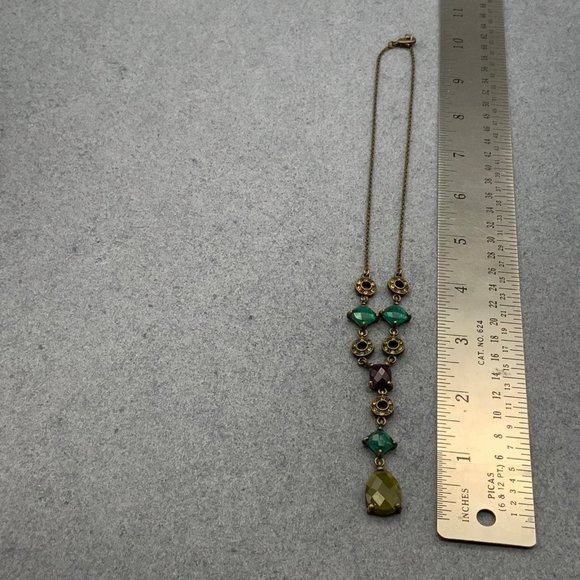 Bronze Multicolor Y-drop Necklace Turquoise Maroon Peach Rhinestone - Picture 4 of 5